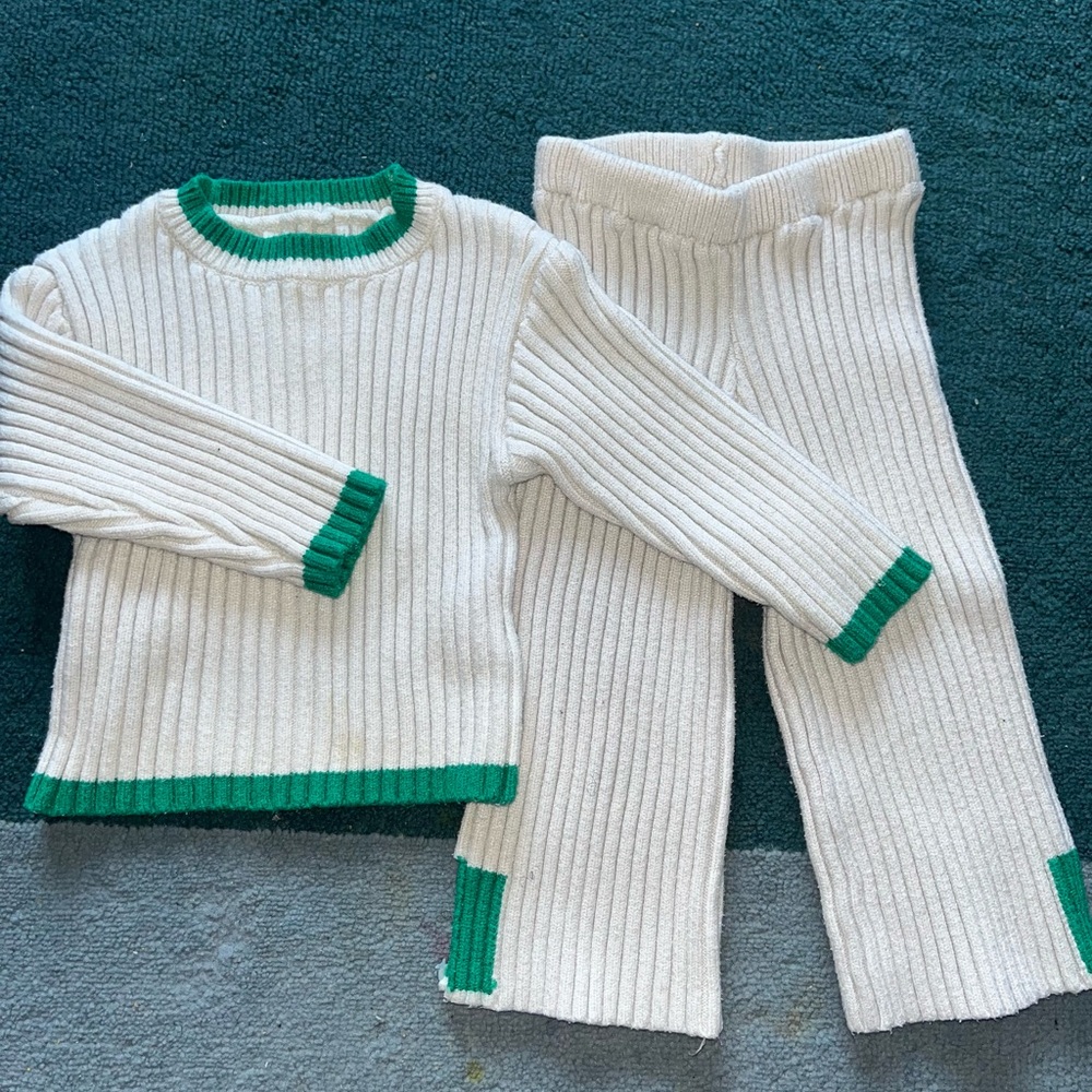 SHEIN Cream Ribbed Two-Piece Set with Green Trim